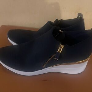 DKNYC Navy Wedge Sneakers with Gold Zipper